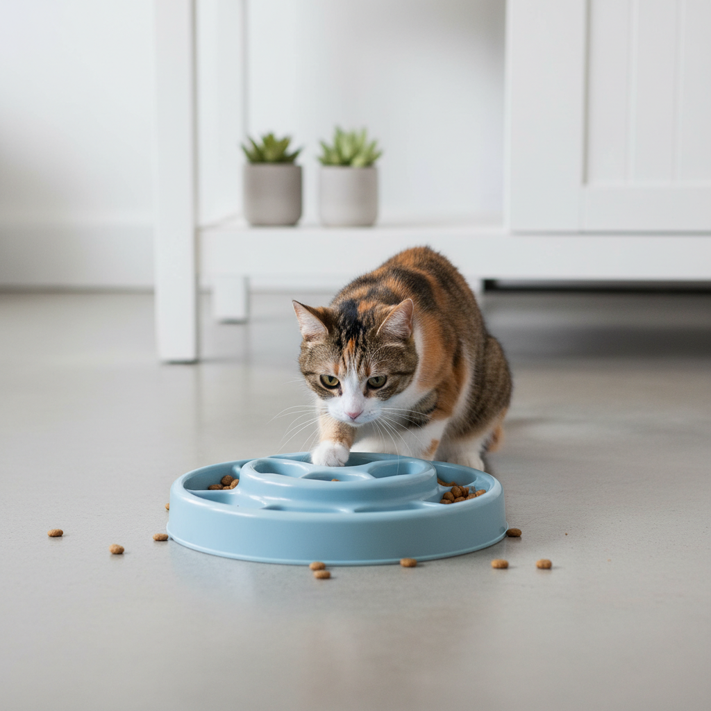 Cat using a puzzle feeder toy for mental stimulation and boredom relief