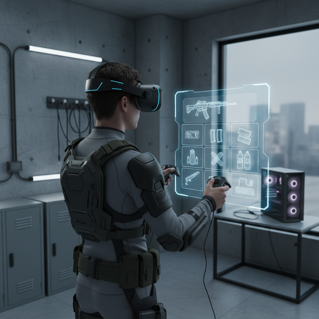 VR player managing loot inventory in a tactical shooter safe room