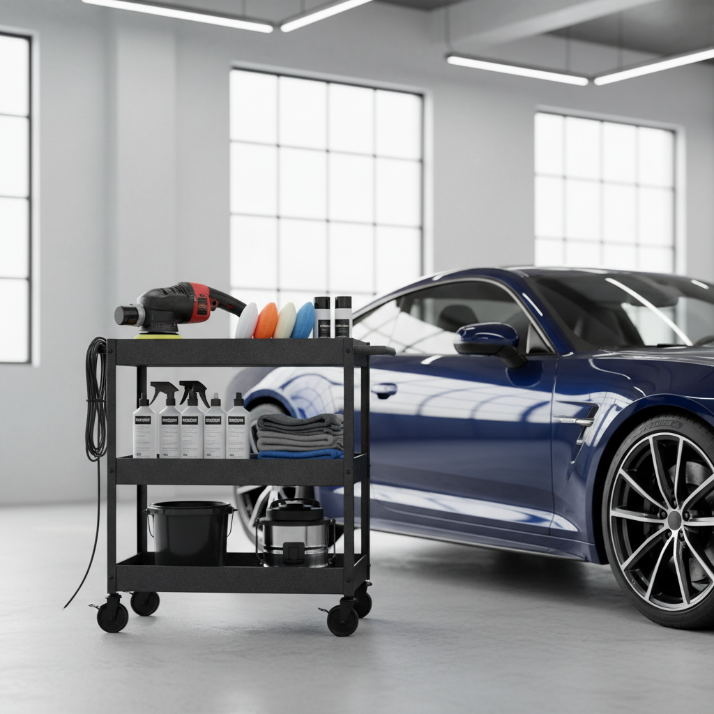 Dual-action polisher, foam pads, and car polish setup on detailing cart