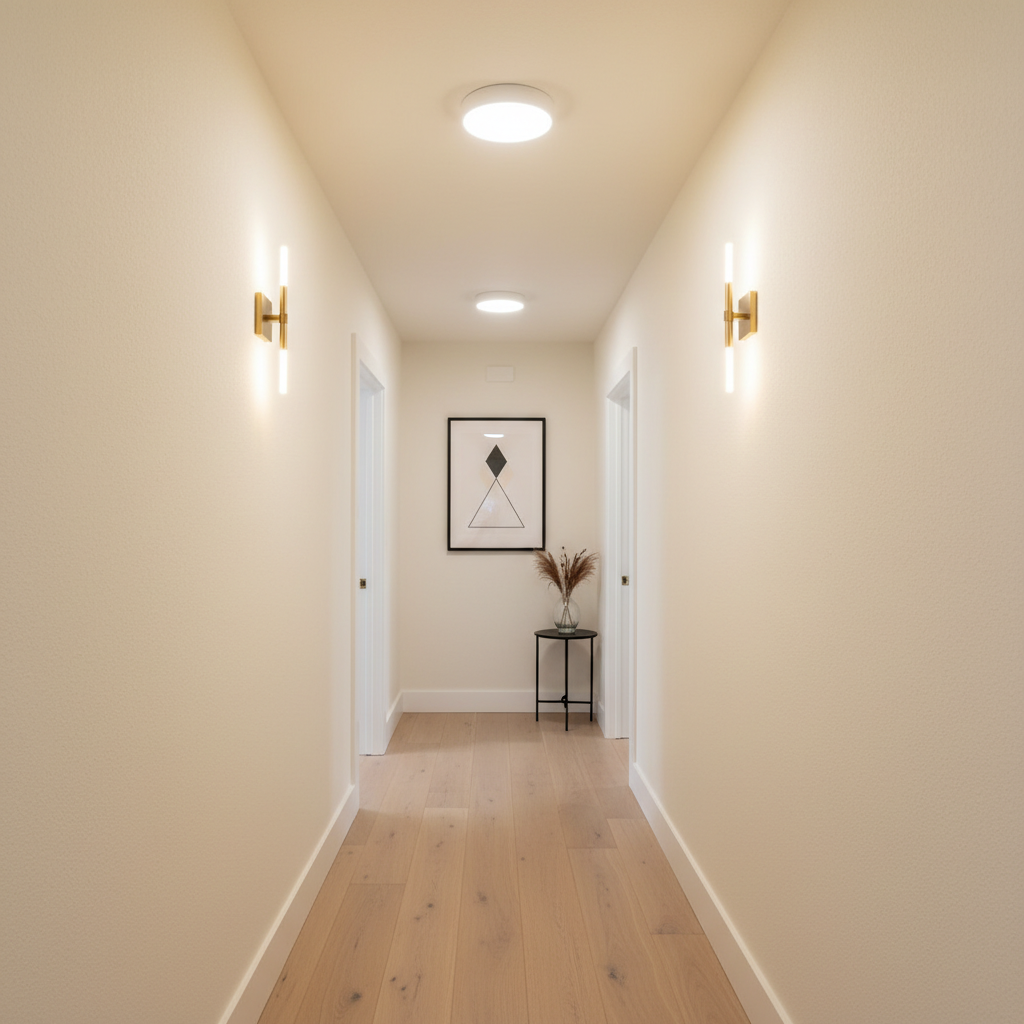 Small hallway lighting with flush mount and wall sconces