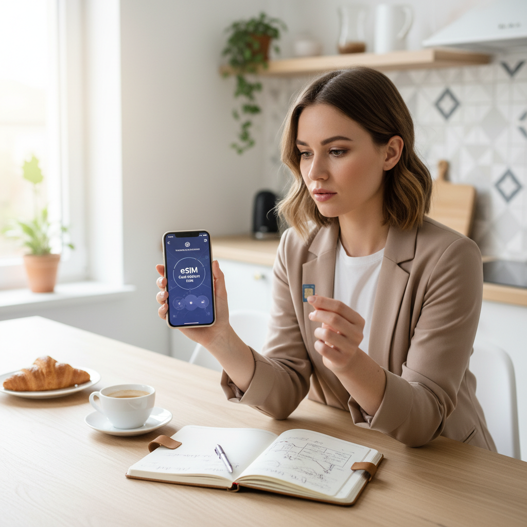 Traveler comparing eSIM and physical SIM options for Europe trip
