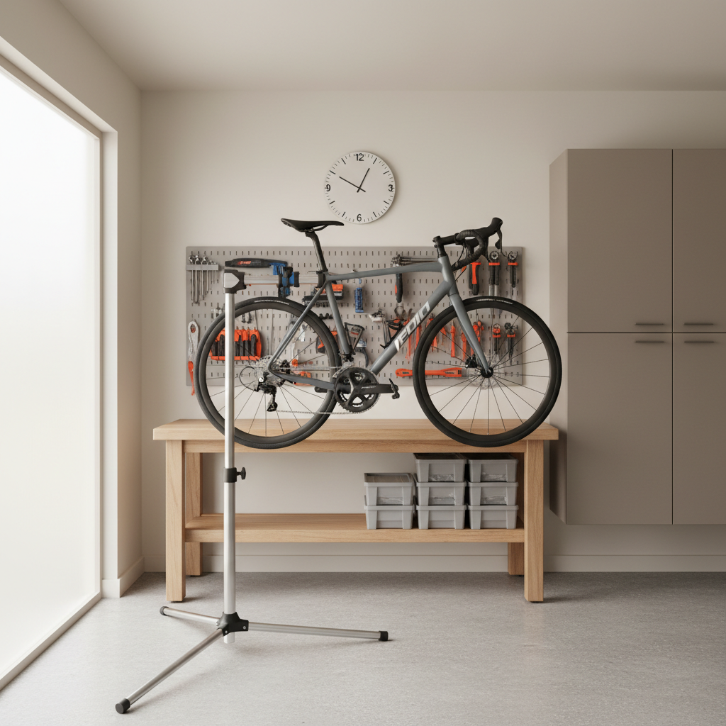 Bike repair stand holding a road bike at working height in a home garage