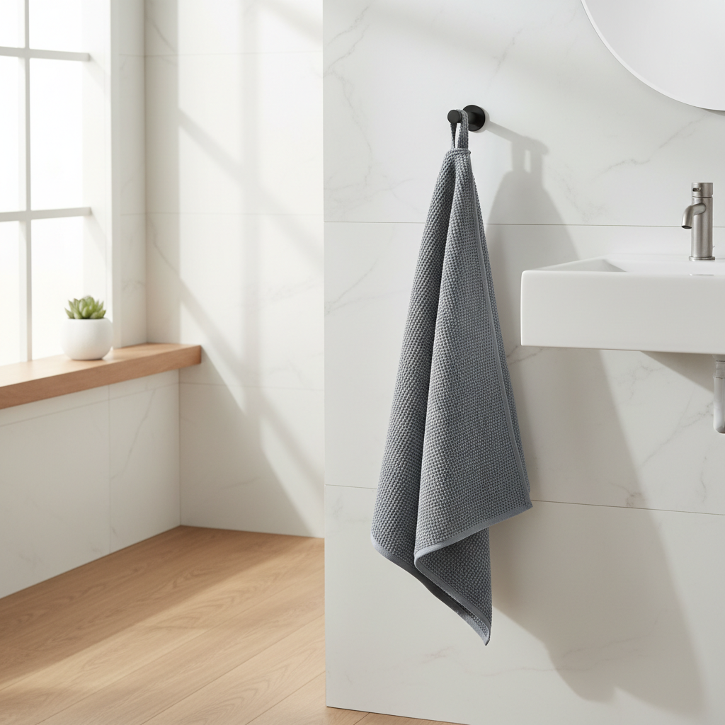 Microfiber travel towel drying on a hook in a bright, well-ventilated bathroom