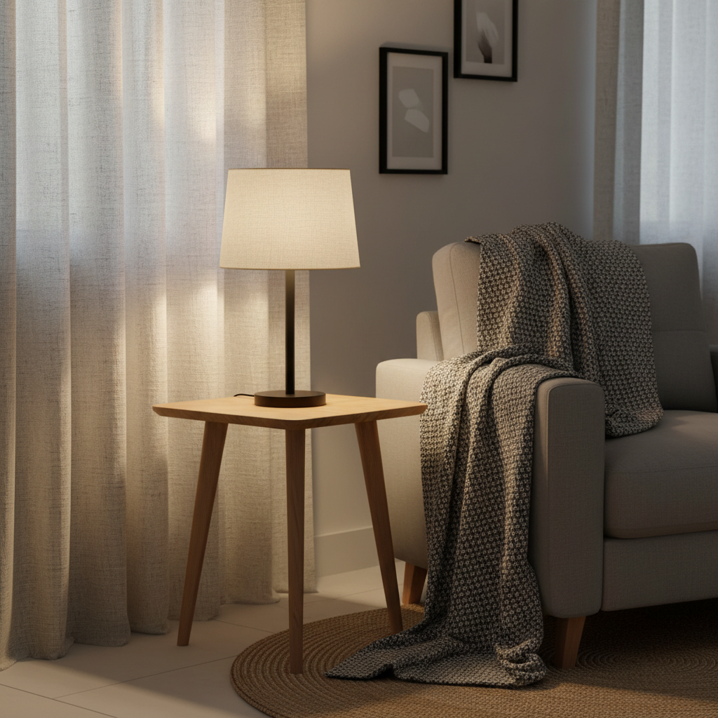 Living room lighting setup with table lamp creating warm layered texture