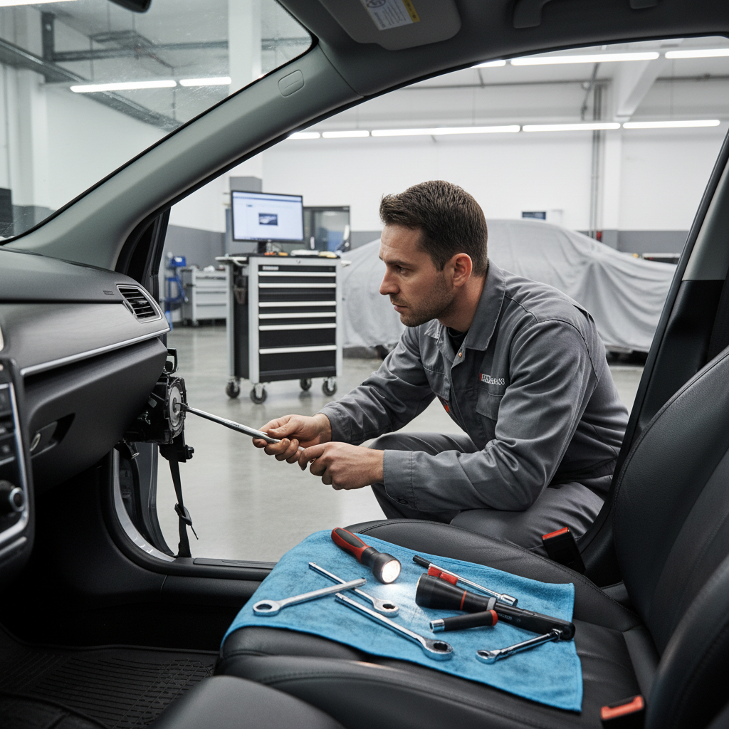 Mechanic inspecting seat belt retractor area behind B-pillar trim