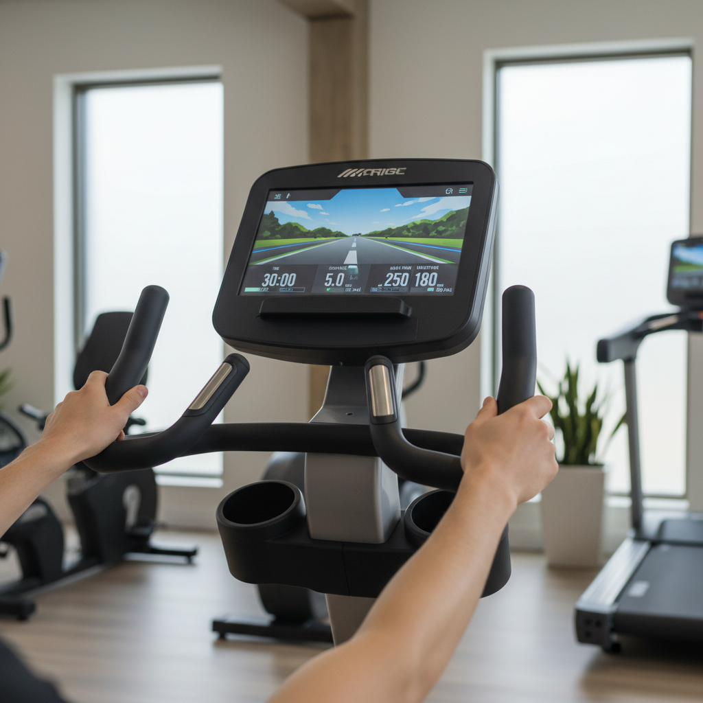 Recumbent bike console and handlebars adjusted for comfortable posture