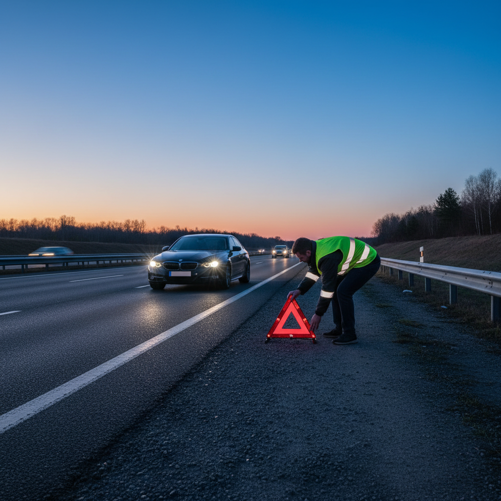 Driver placing reflective warning triangle behind car on highway shoulder at dusk