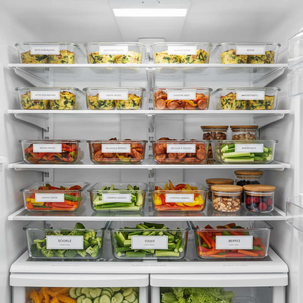 Quick keto breakfast meal prep containers in a fridge