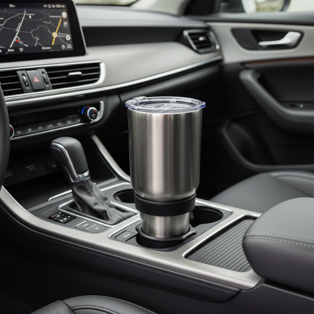 Car center console with an oversized tumbler and a cup holder expander installed