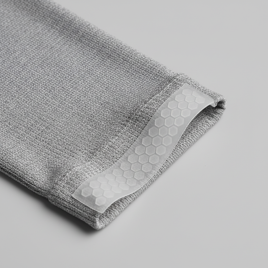 Close-up of UPF fabric texture and silicone gripper on cycling arm warmers