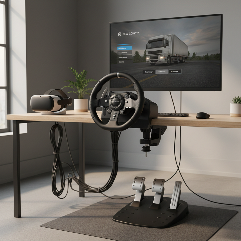Truck sim VR setup with steering wheel pedals and headset on a desk