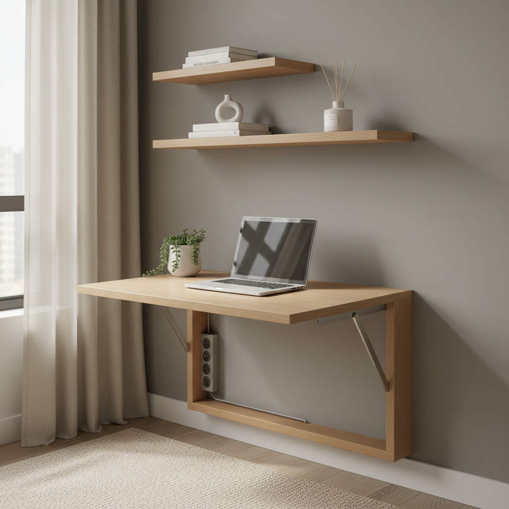 Wall-mounted folding desk setup in a small apartment workspace