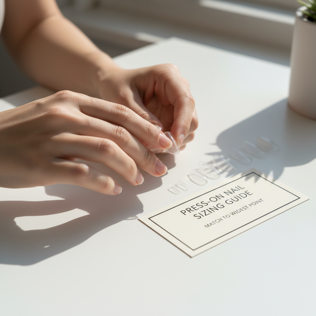 Sizing press on nails by matching tips to natural nails on a hand with a size chart