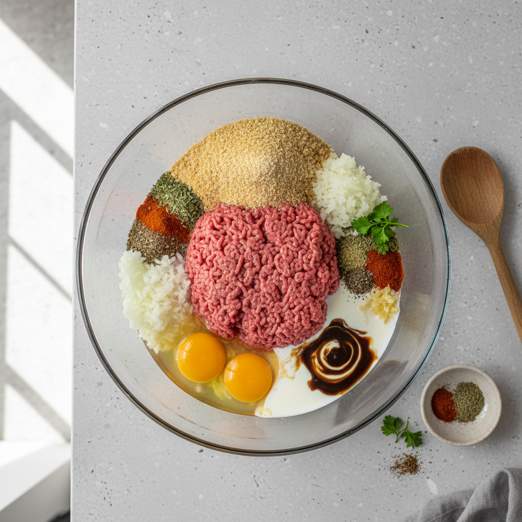 Meatloaf mixture in a bowl with eggs, breadcrumbs, onion, and seasonings