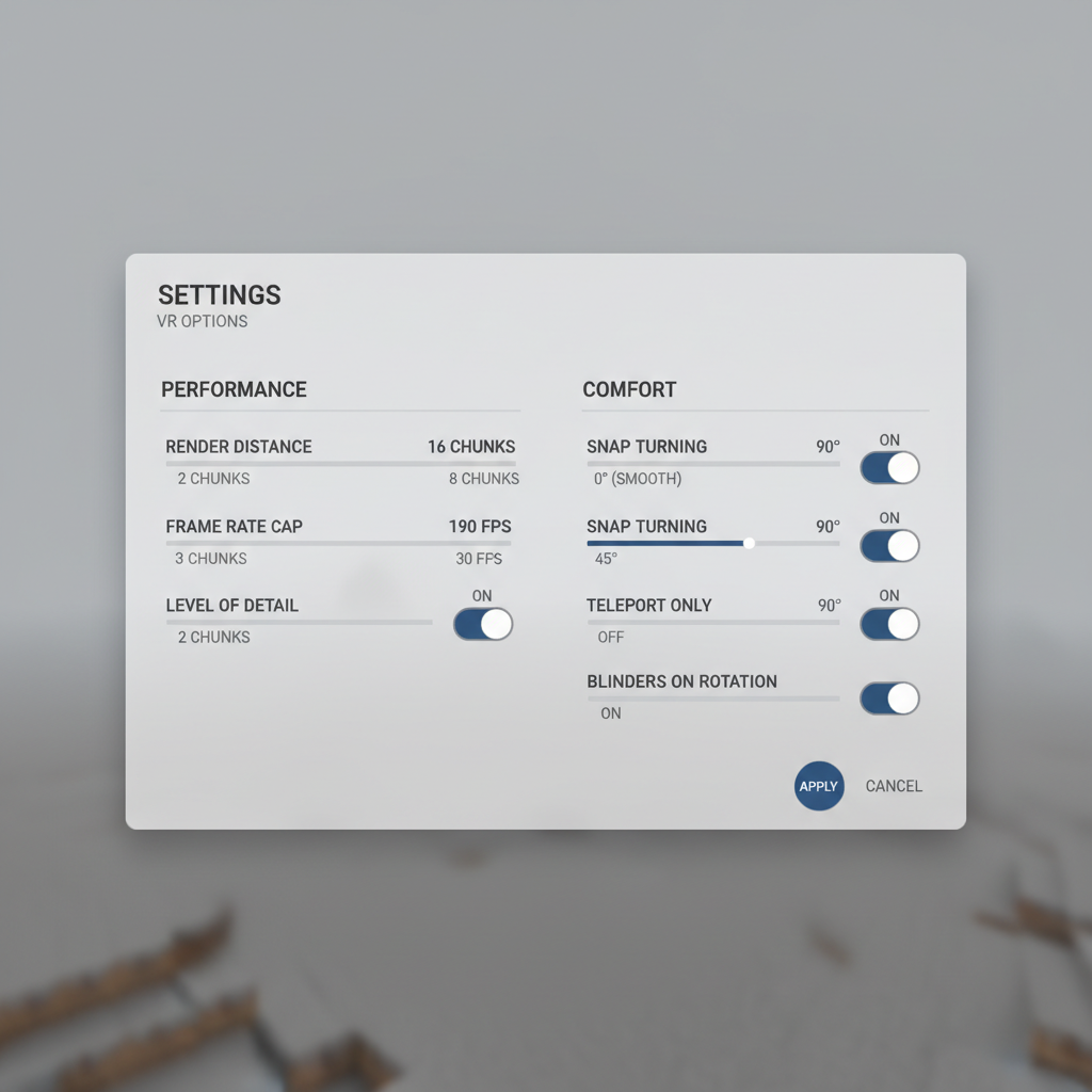 Minecraft VR comfort and performance settings screen concept