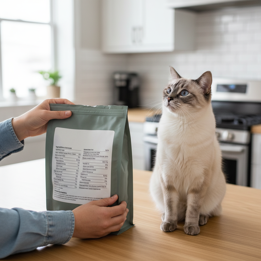 Pet owner reading cat food label for sensitive stomach ingredients