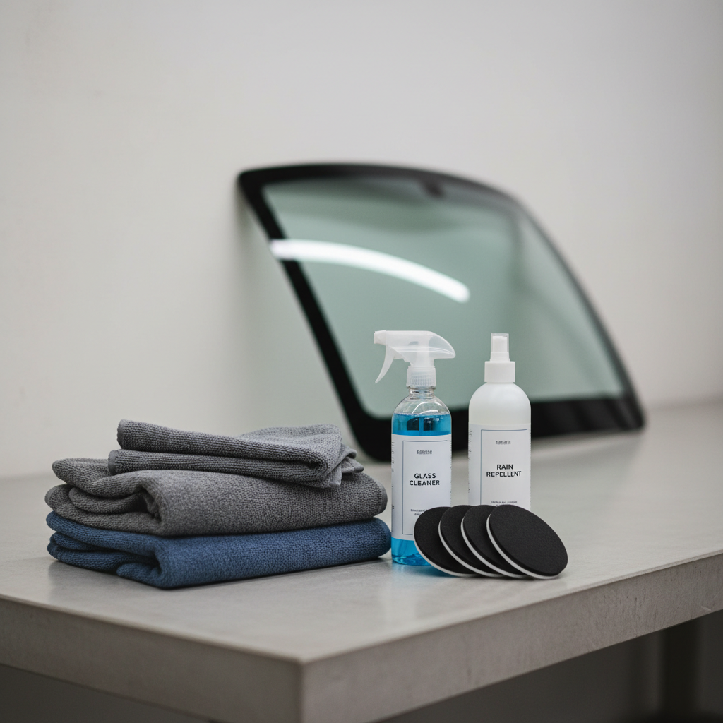 Detailing supplies for applying rain repellent to a windshield