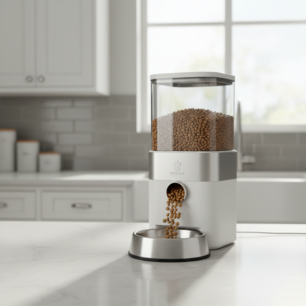 Automatic cat feeder dispensing kibble into a bowl in a modern home