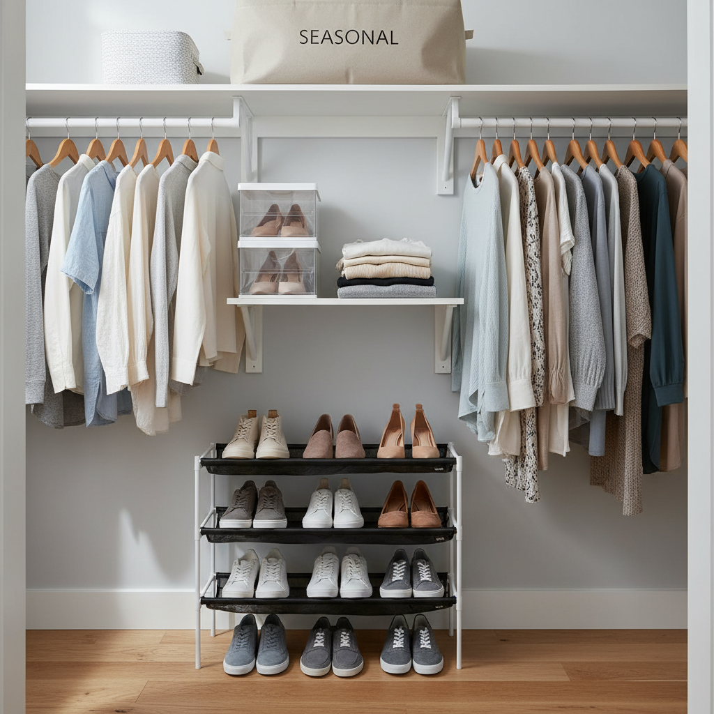 Organized small closet shoe zones with rack, bins, and labeled boxes