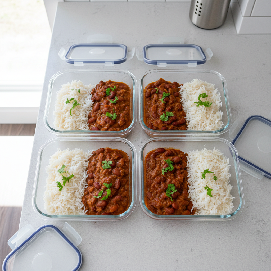 Meal prep containers with rajma curry and rice for easy weeknight dinners