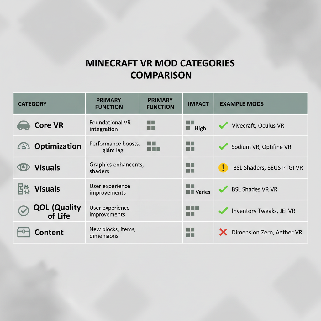 Comparison table concept for Minecraft VR mods categories and compatibility