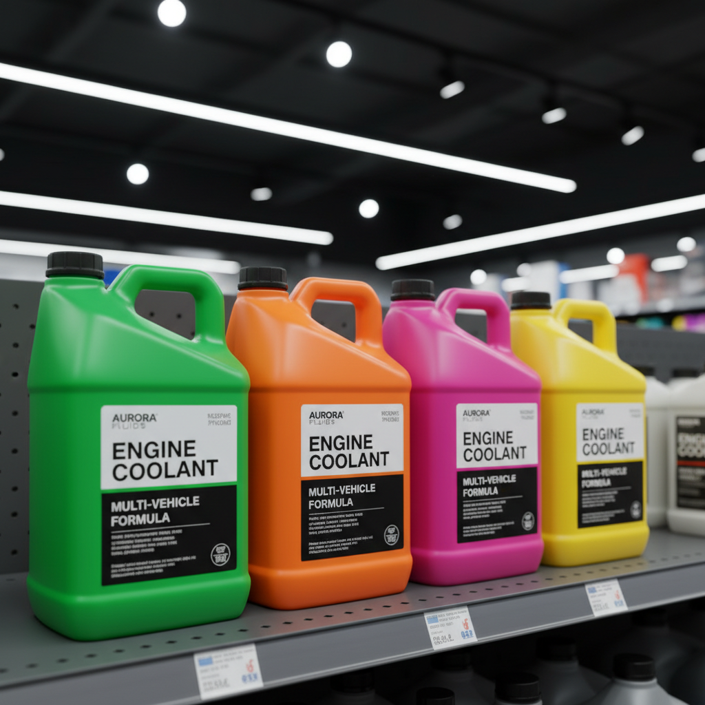 Different antifreeze coolant colors and labels on an auto parts shelf