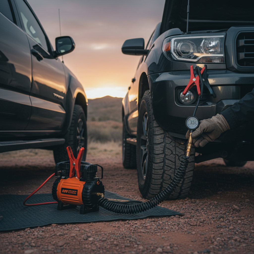 Step-by-step airing up offroad tires using a 12V portable compressor and digital tire gauge