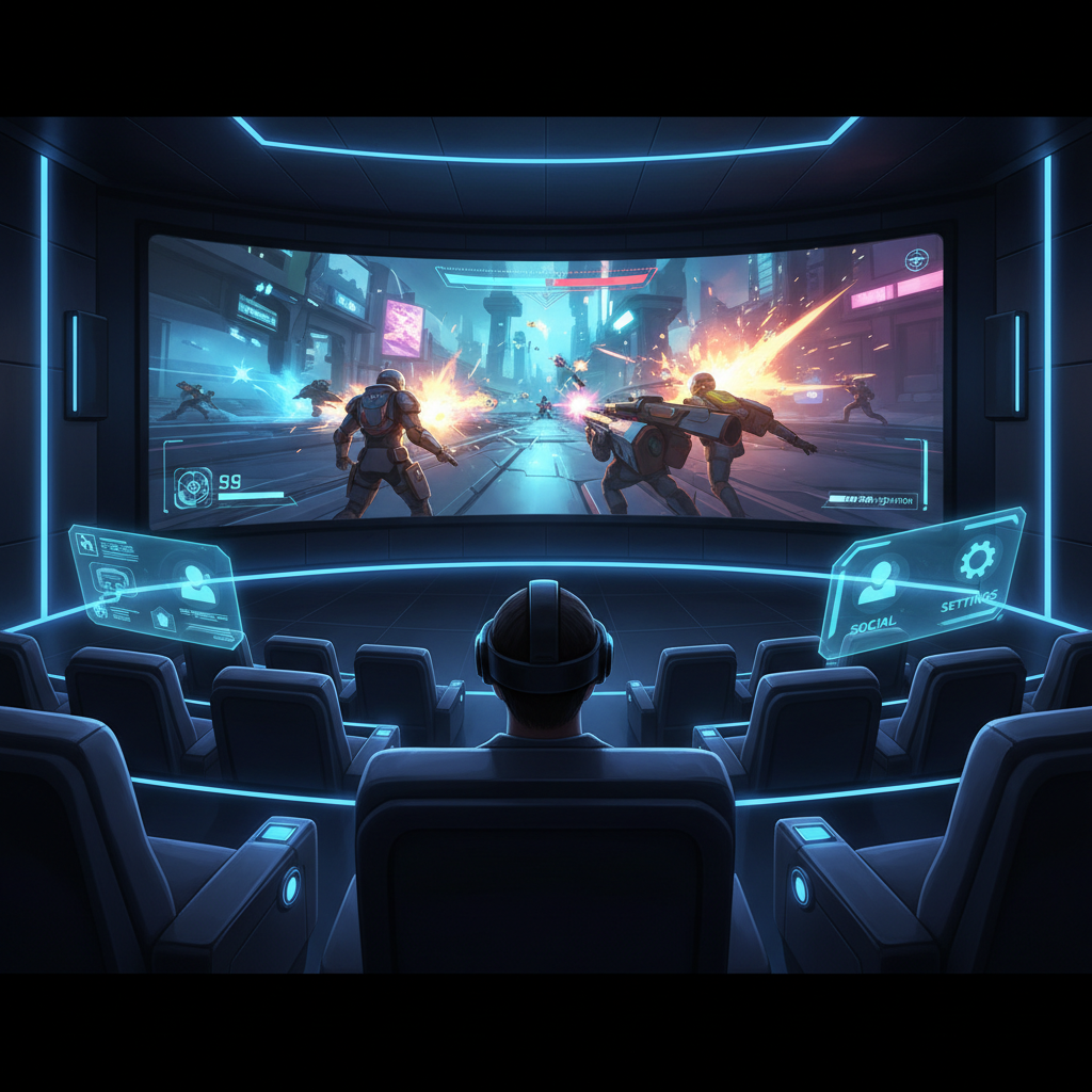 Virtual desktop theater view with Fortnite displayed on a large curved screen inside VR