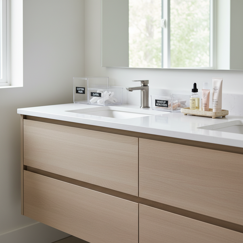 Organized bathroom vanity with labeled bins and clear countertop