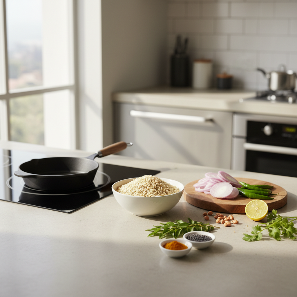 Quick easy poha ingredients on a kitchen counter