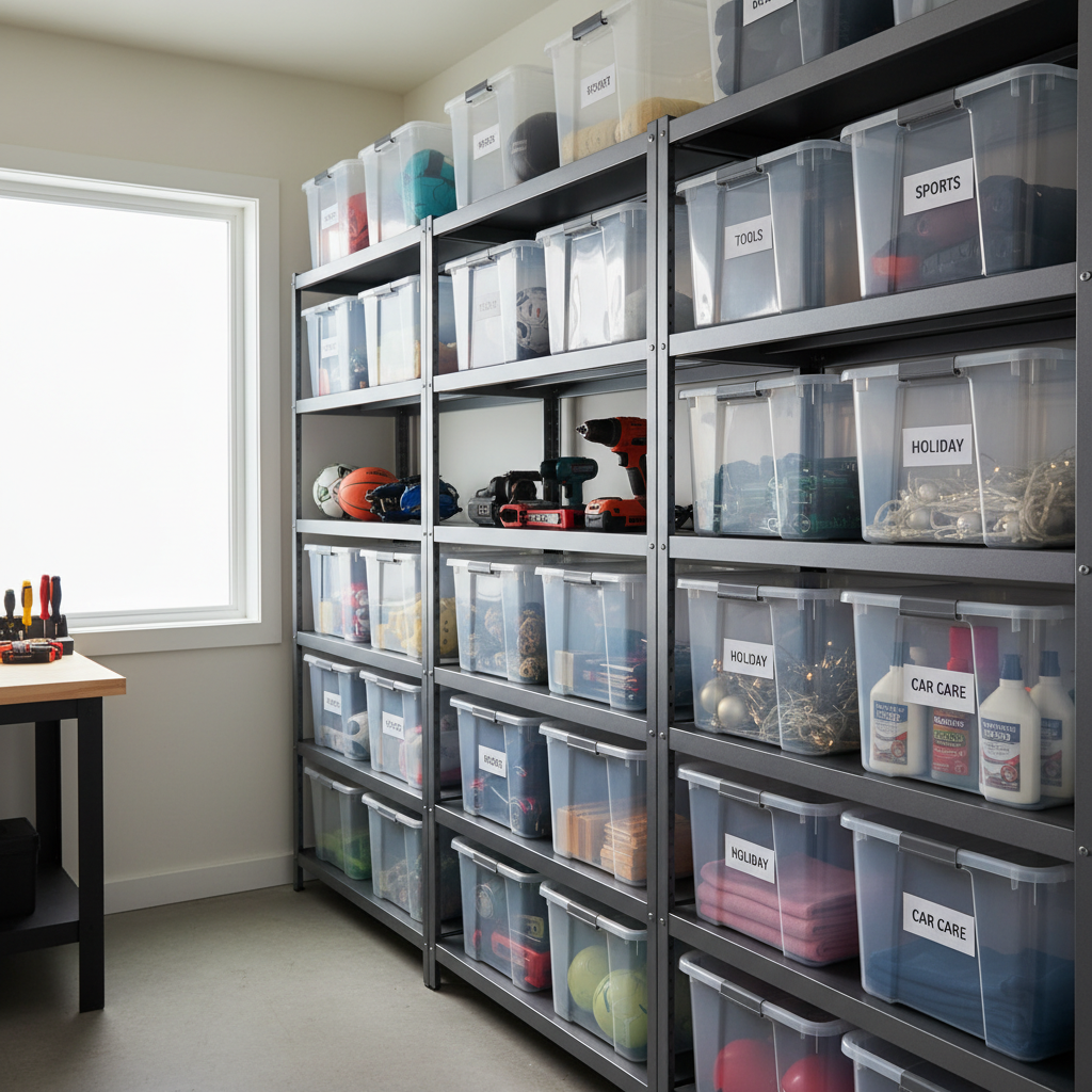 Labeled clear storage bins on narrow garage shelving for small space organization