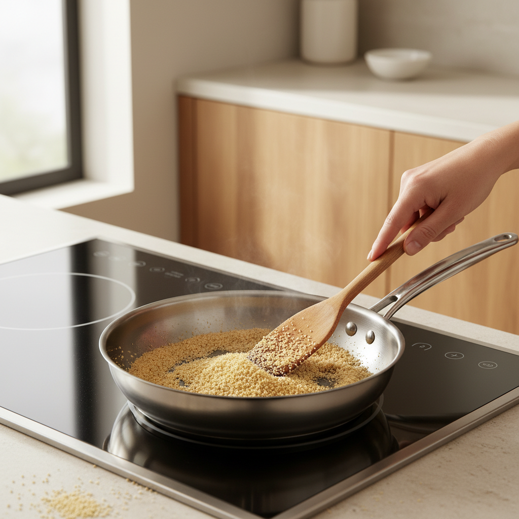 Roasting semolina in a skillet until lightly golden for upma