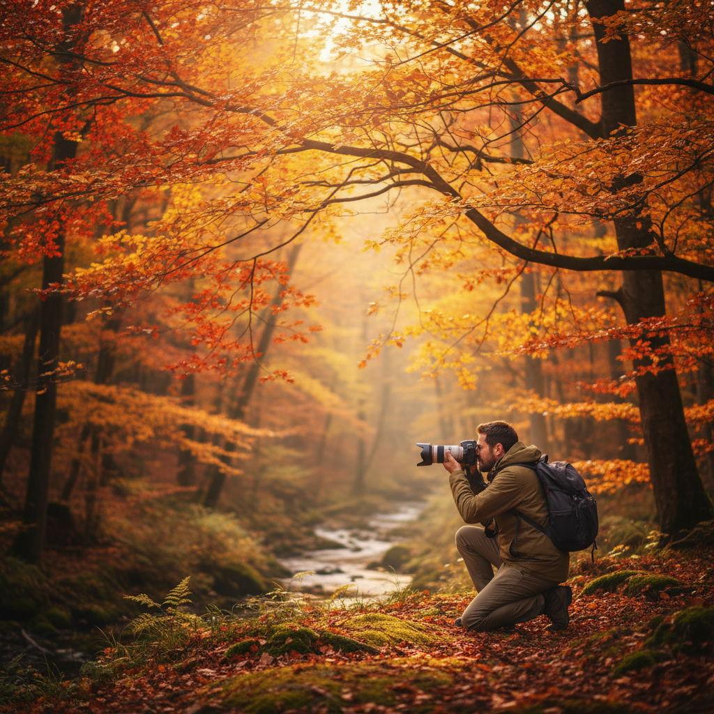 Autumn travel photographer composing a shot with colorful fall foliage