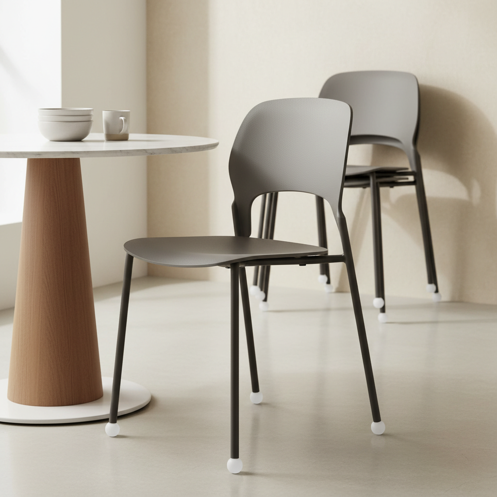 Stackable dining chair with contoured seat and floor-protecting glides