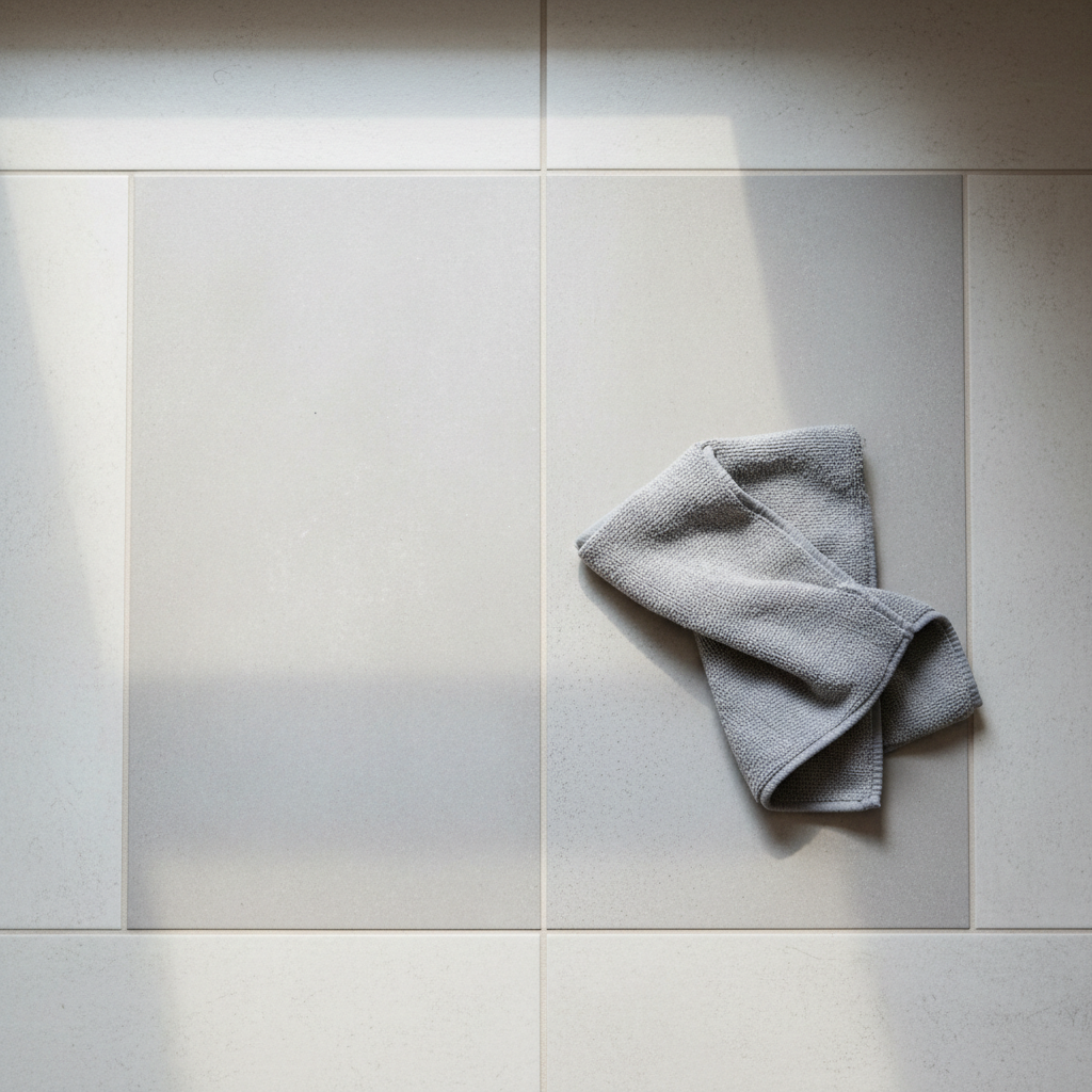 Close-up of tile haze versus clean tile after a small spot test with microfiber cloth