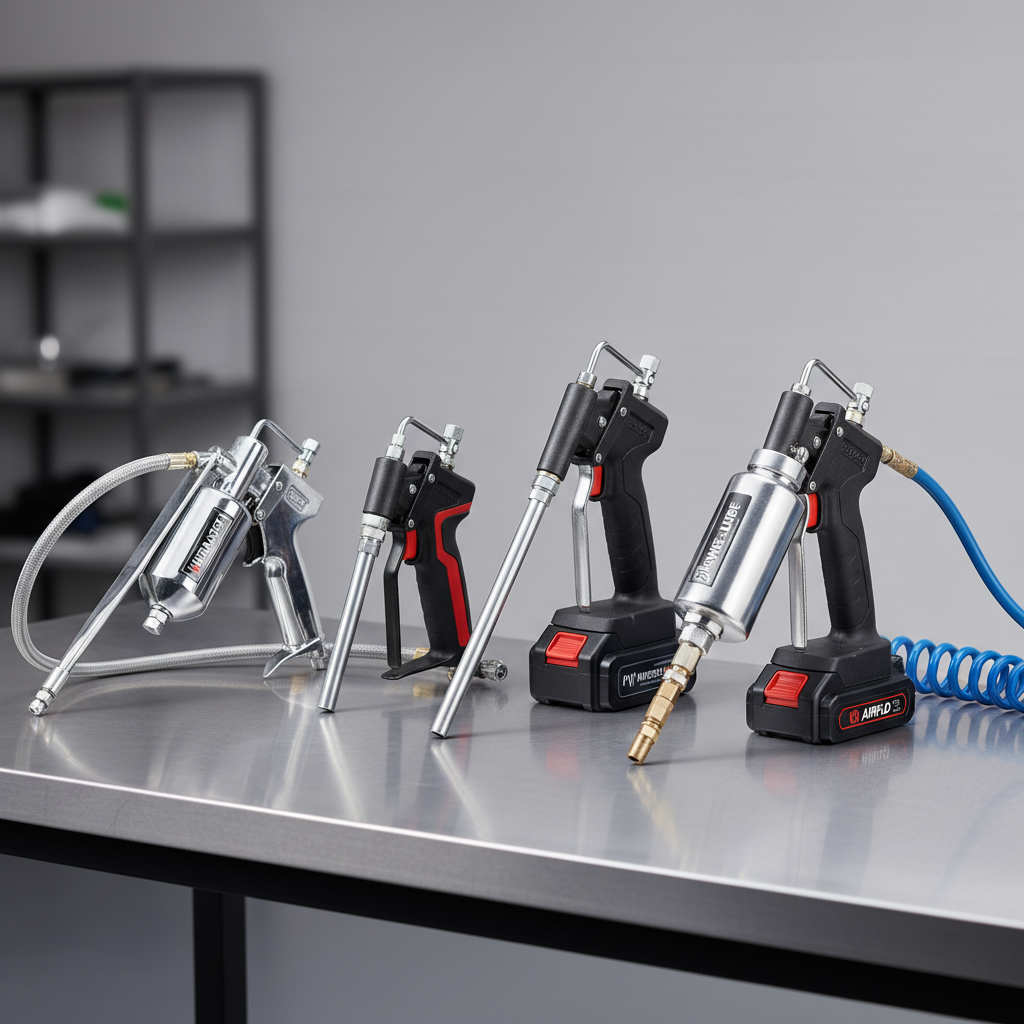 Comparison of lever, pistol grip, cordless, and pneumatic grease guns on a workbench