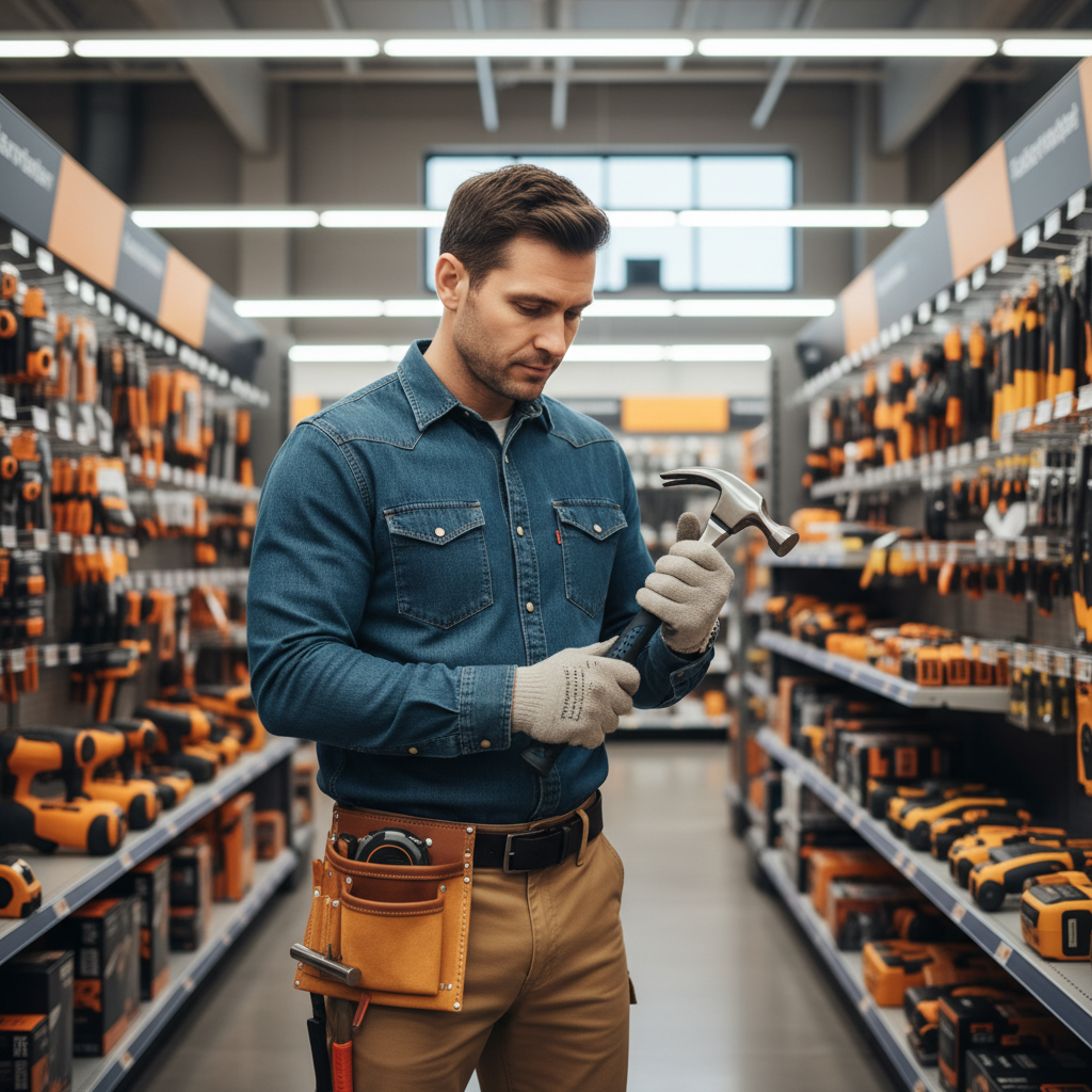 Carpenter checking hammer balance and grip in a hardware store
