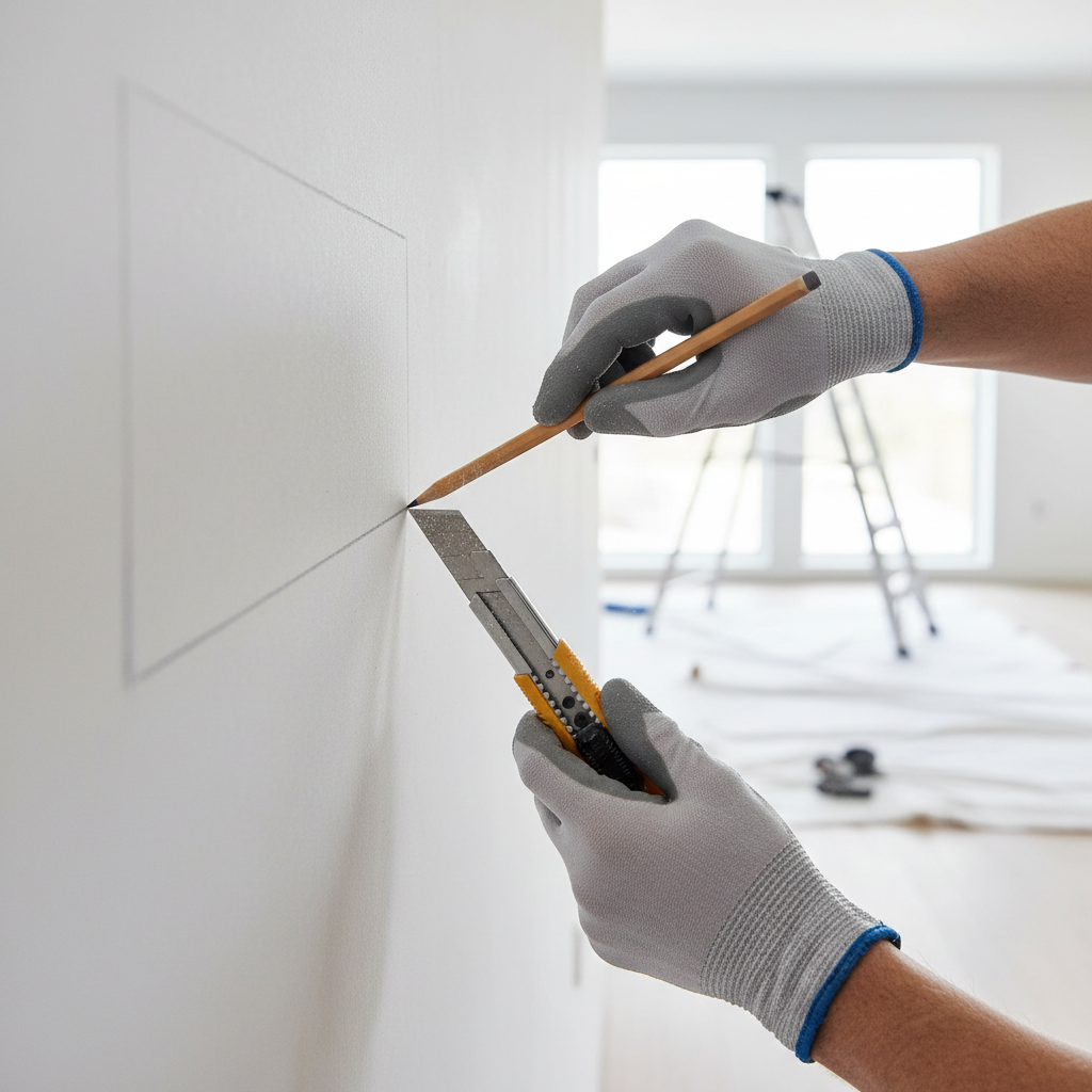 Marking and scoring drywall before cutting a wall opening