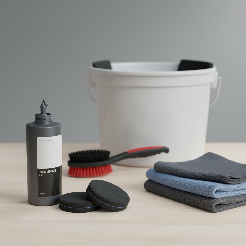 Car detailing setup with tire brush, microfiber towels, and tire shine gel on a workbench