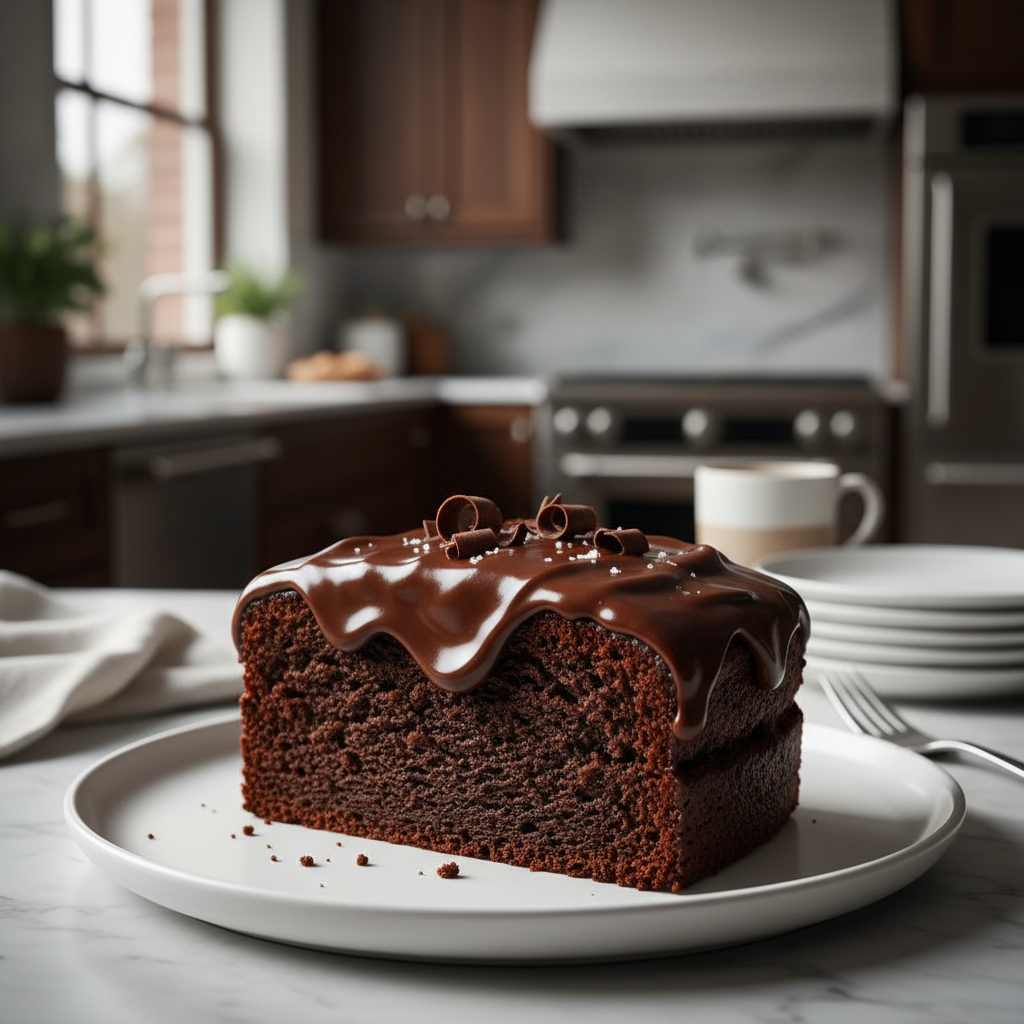 Moist fudgy chocolate cake slice with glossy frosting