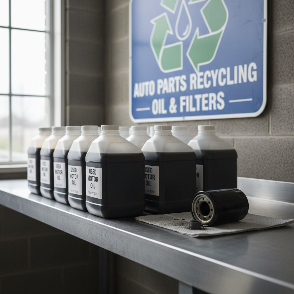 Sealed containers of used motor oil ready for recycling at an auto parts store