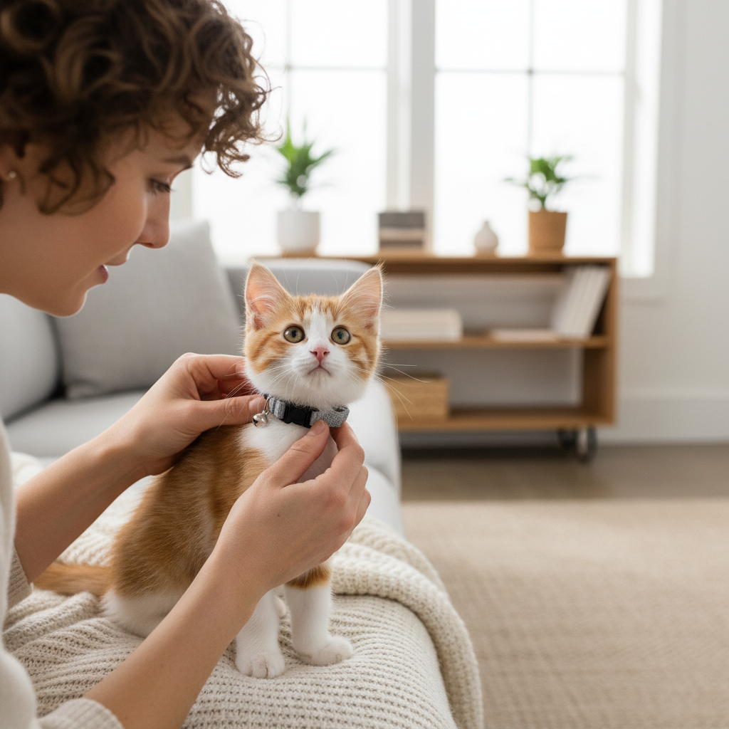 Owner checking kitten collar fit using two-finger rule