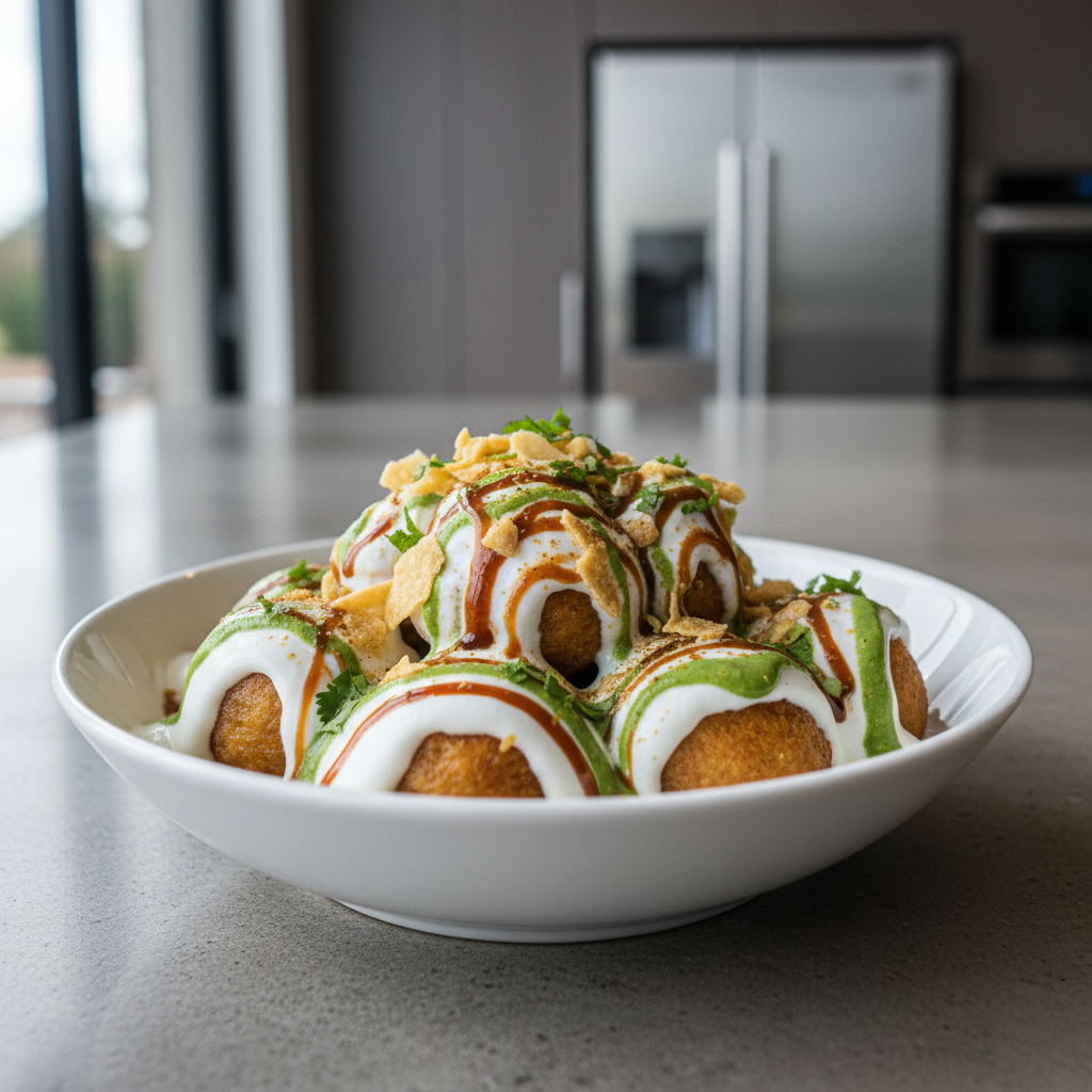 Dahi bhalla papdi chaat bowl with yogurt, chutneys, and crunchy papdi
