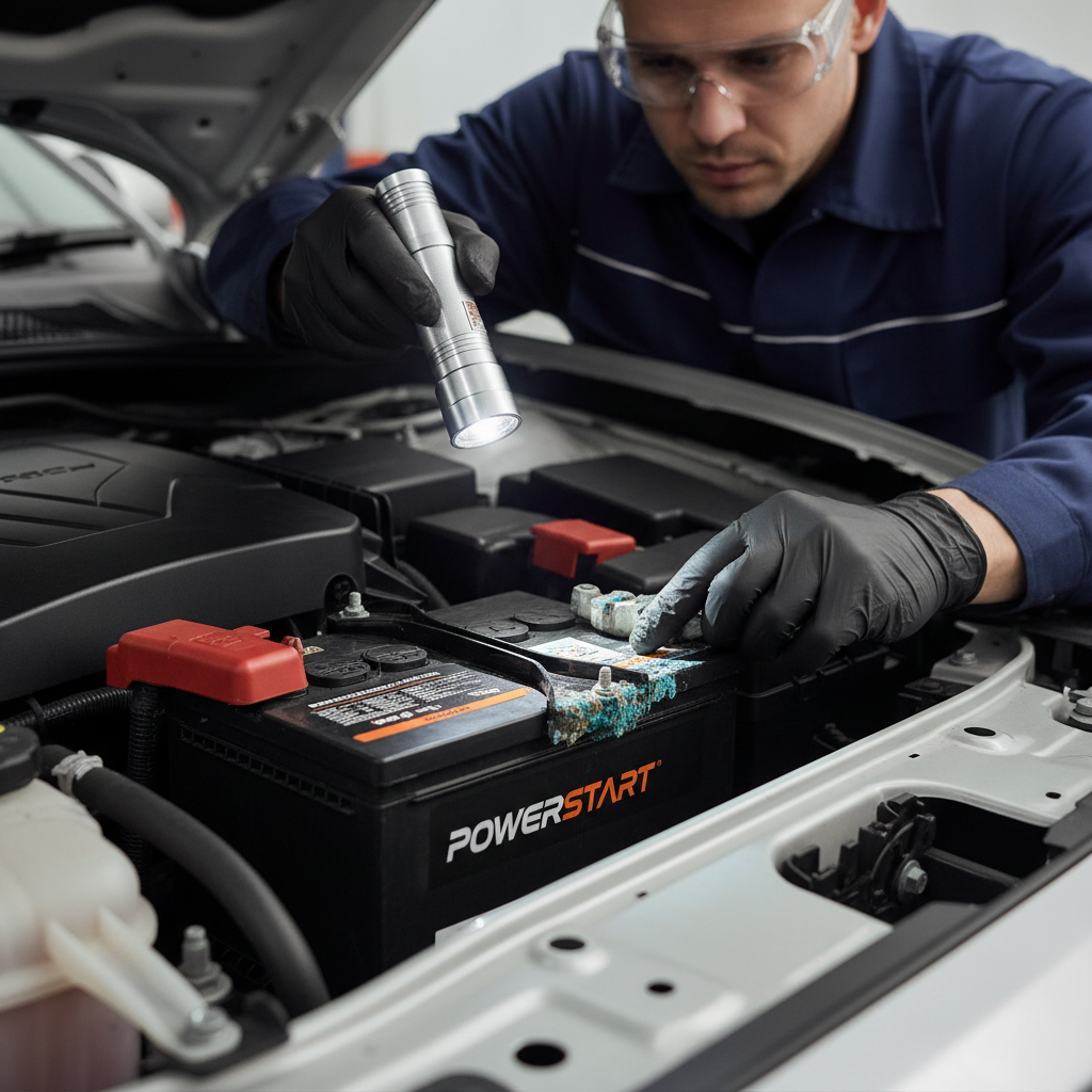 Driver inspecting car battery terminals for corrosion and damage