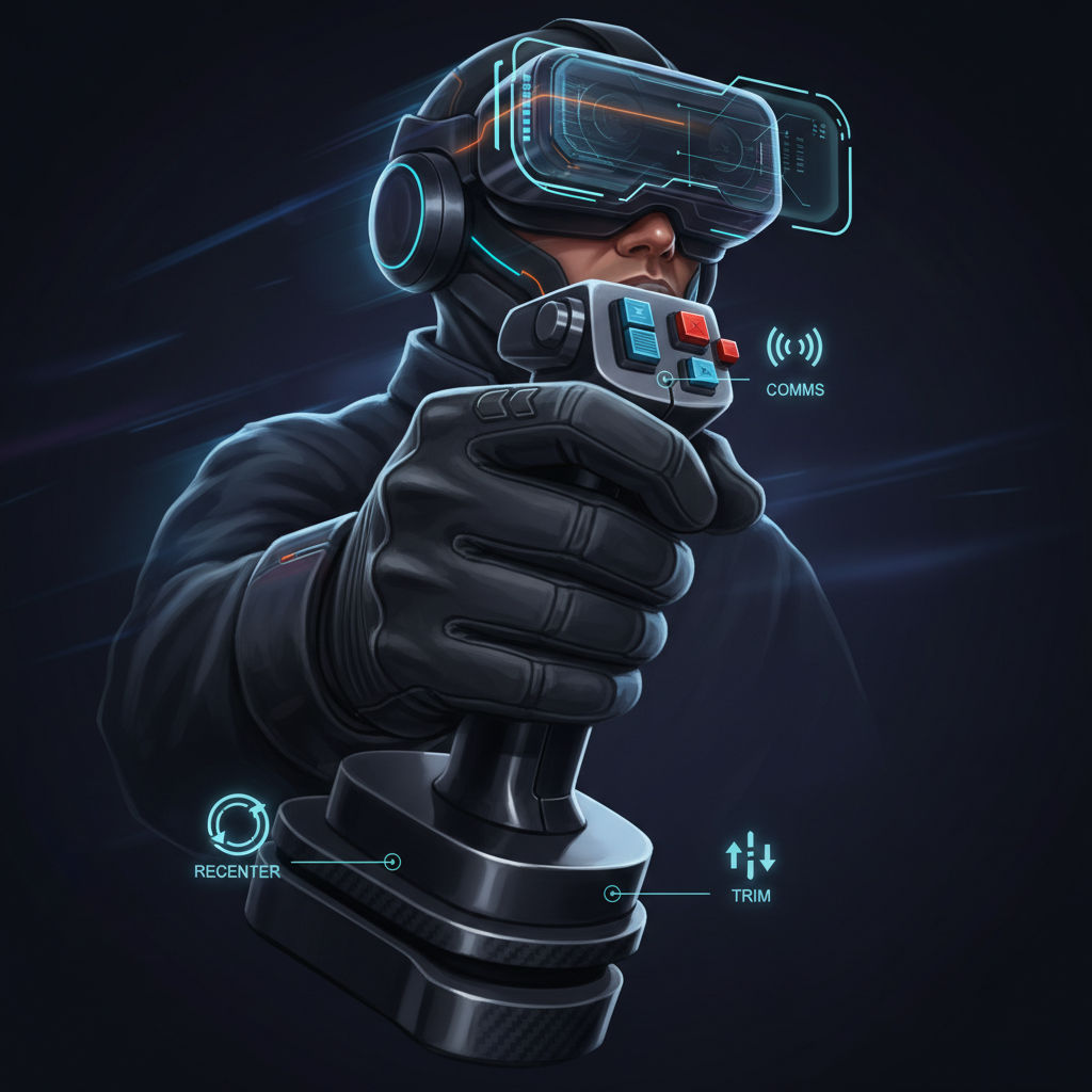 Pilot hand on joystick in VR with button mapping overlay concept