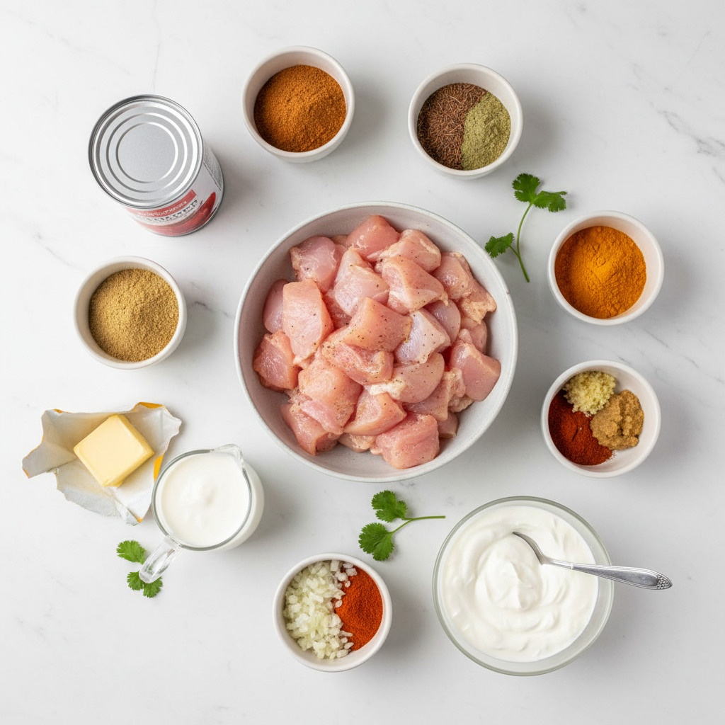 Butter chicken ingredients laid out: spices, tomatoes, cream, yogurt, chicken