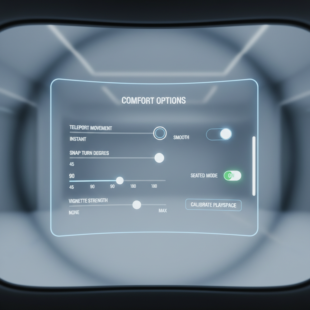 VR comfort settings menu showing locomotion options for hidden gem VR games 2026