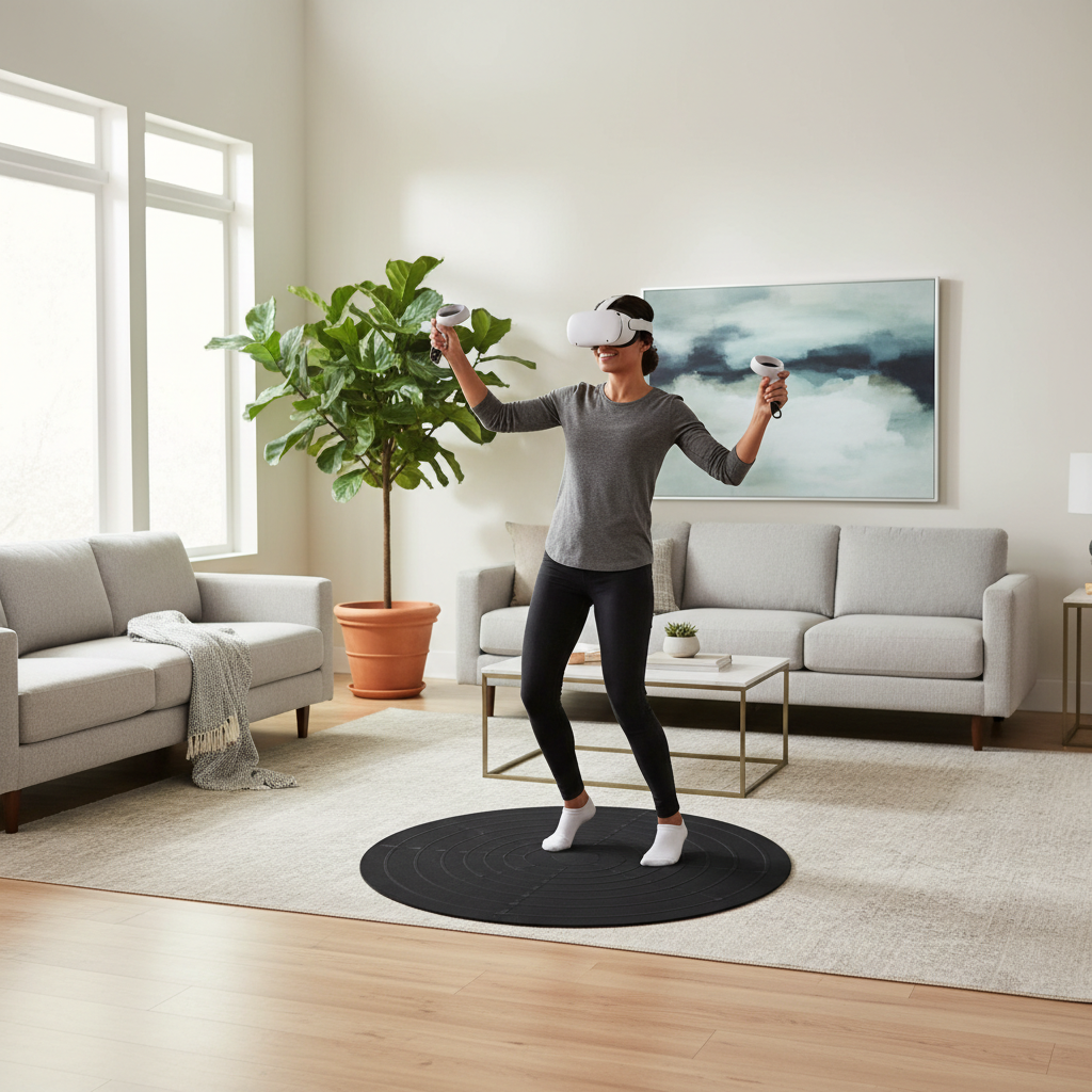 VR dancing setup with a non-slip dance pad in a living room