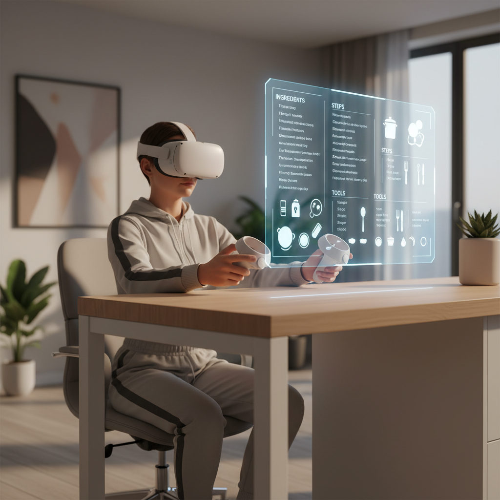Seated VR player following a recipe UI in a virtual kitchen game