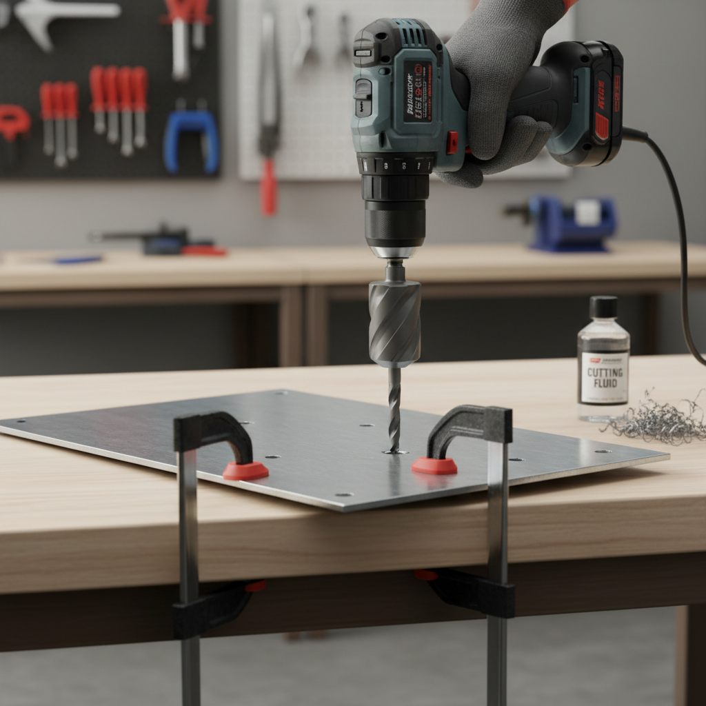Proper clamping and cutting fluid use when drilling sheet metal with a step bit